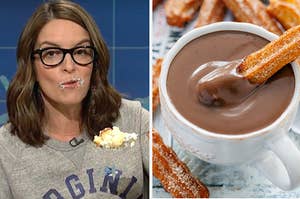 Tina Fey eating cake on the left and a churro dipped in chocolate on the right