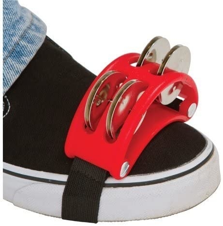 The foot tambourine strapped to Model&#x27;s shoe