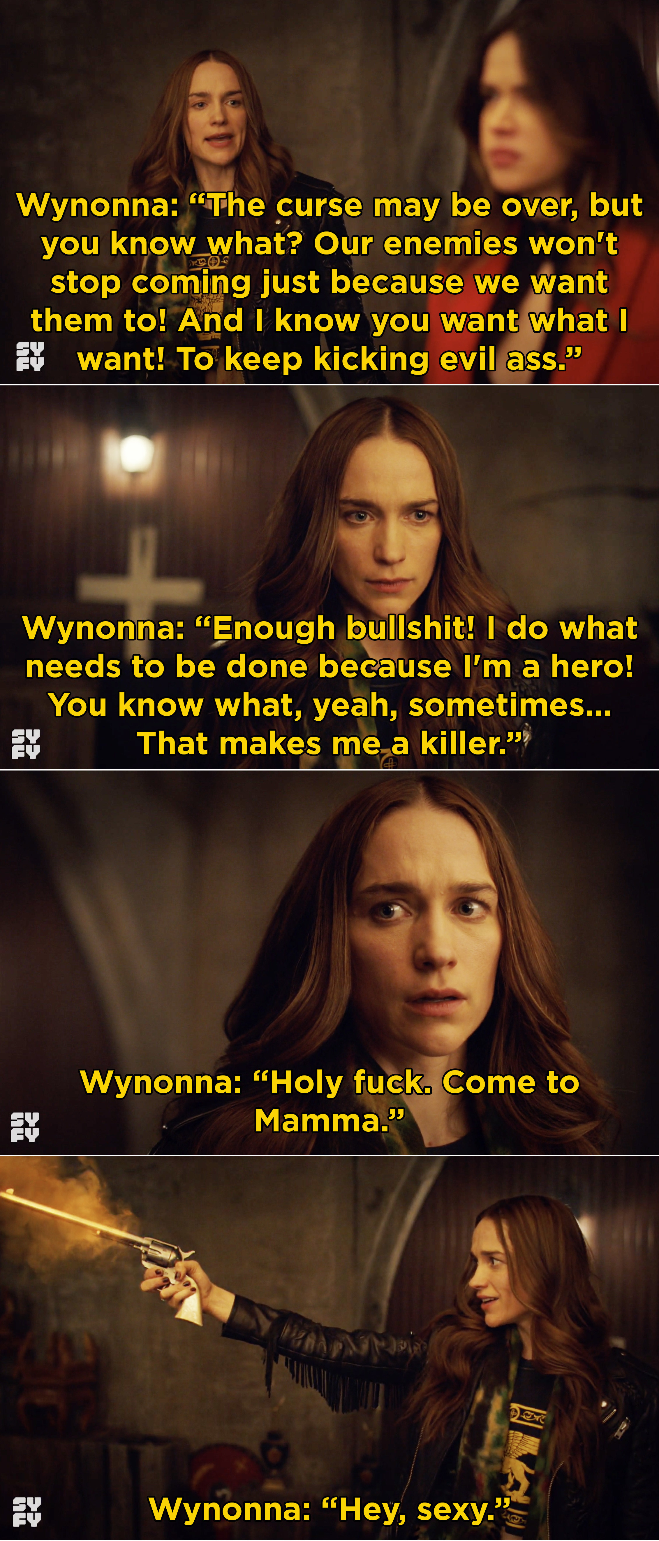 Wynonna pleading with Peacemaker to return because she still needs to fight evil