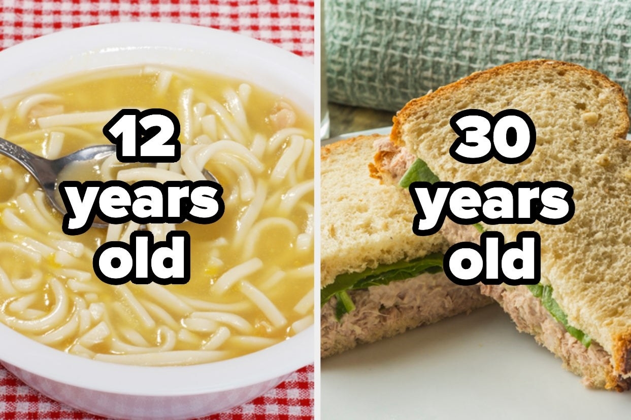 Chicken soup with the words &quot;12 years old&quot; and tuna salad sandwich with the words &quot;30 years old.&quot;