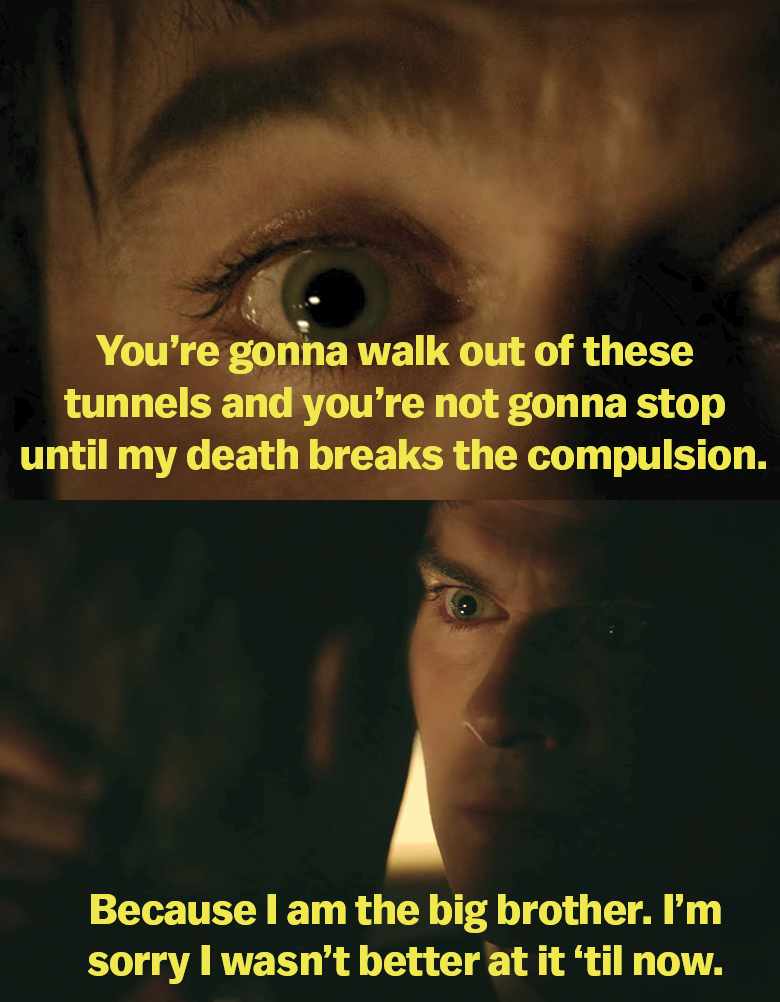 Damon compels Stefan to leave and let him die, because he&#x27;s the big brother and hould protect Stefan. He apologizes for not doing so before