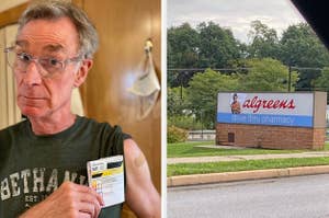 Bill Nye getting a flu shot side-by-side with the Walgreens sign covered up so it says "Al Greens"