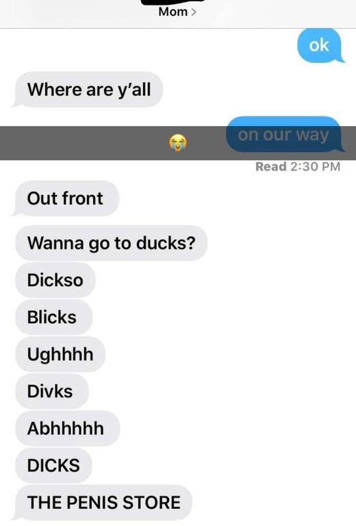 Text where someone calls Dick&#x27;s the store the penis store