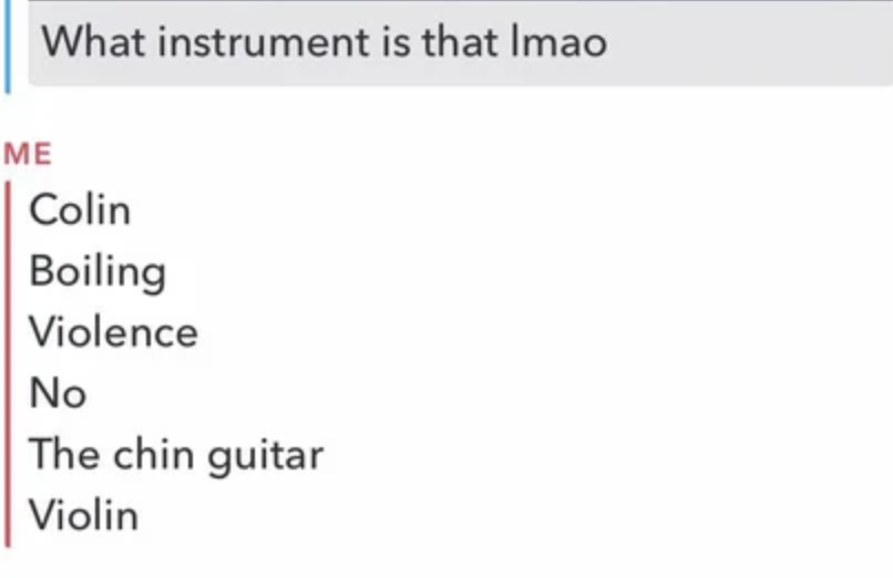 Conversation where someone calls a violin the chin guitar