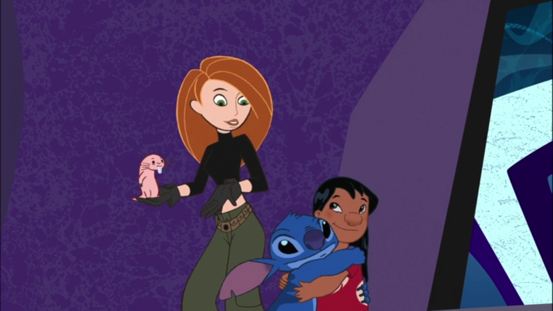 Kim with her naked mole rat Rufus and Lilo with the iconic alien Stitch