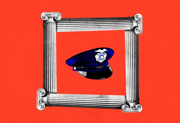 A police hat is surrounded by 4 columns against a red background