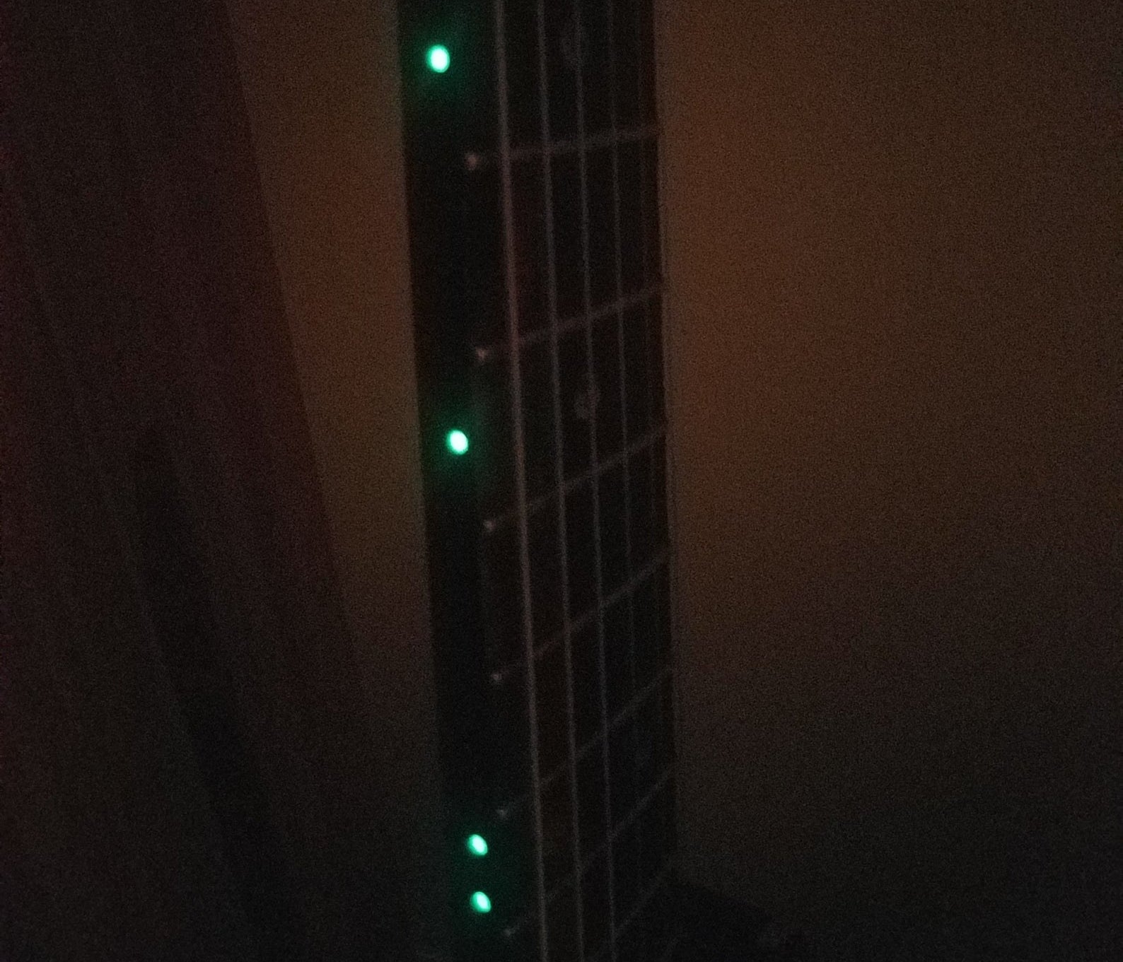 the fret markers glowing in the dark on a guitar neck