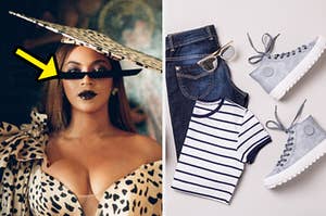 Beyonce is on the left wearing long and sharp sunglasses with denim and sneakers on the right