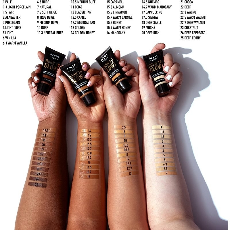 Foundation swatches on four arms in different skin tones