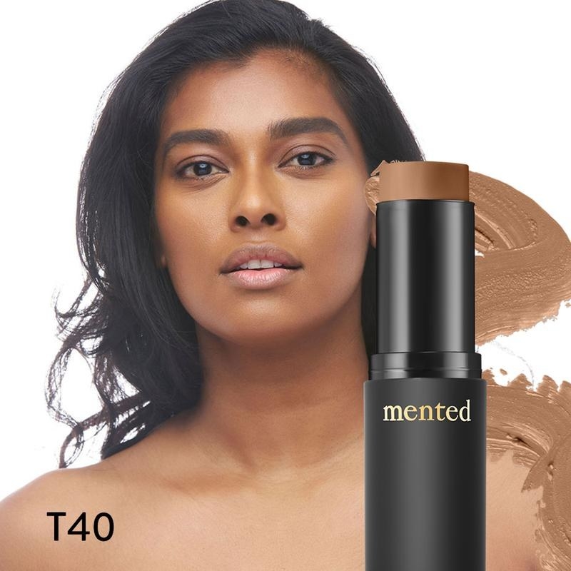 Model wearing the foundation, a shade swatch, and the foundation stick