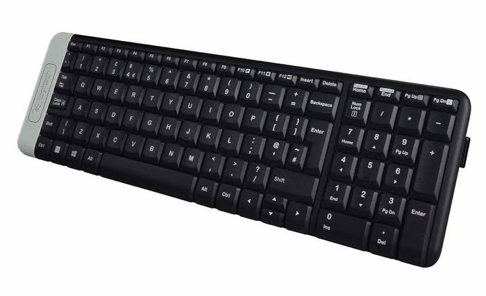 A black ergonomic Logitech keyboard