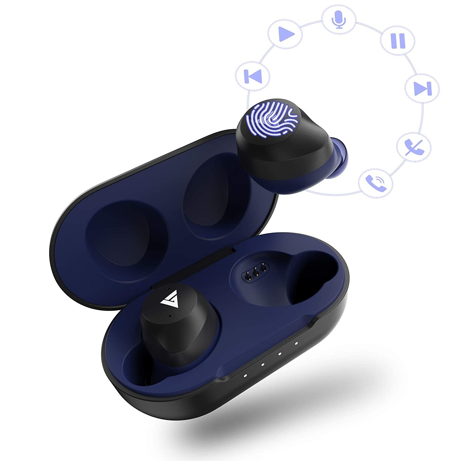 Black and blue Boult Audio AirBass TrueBuds with a charging case