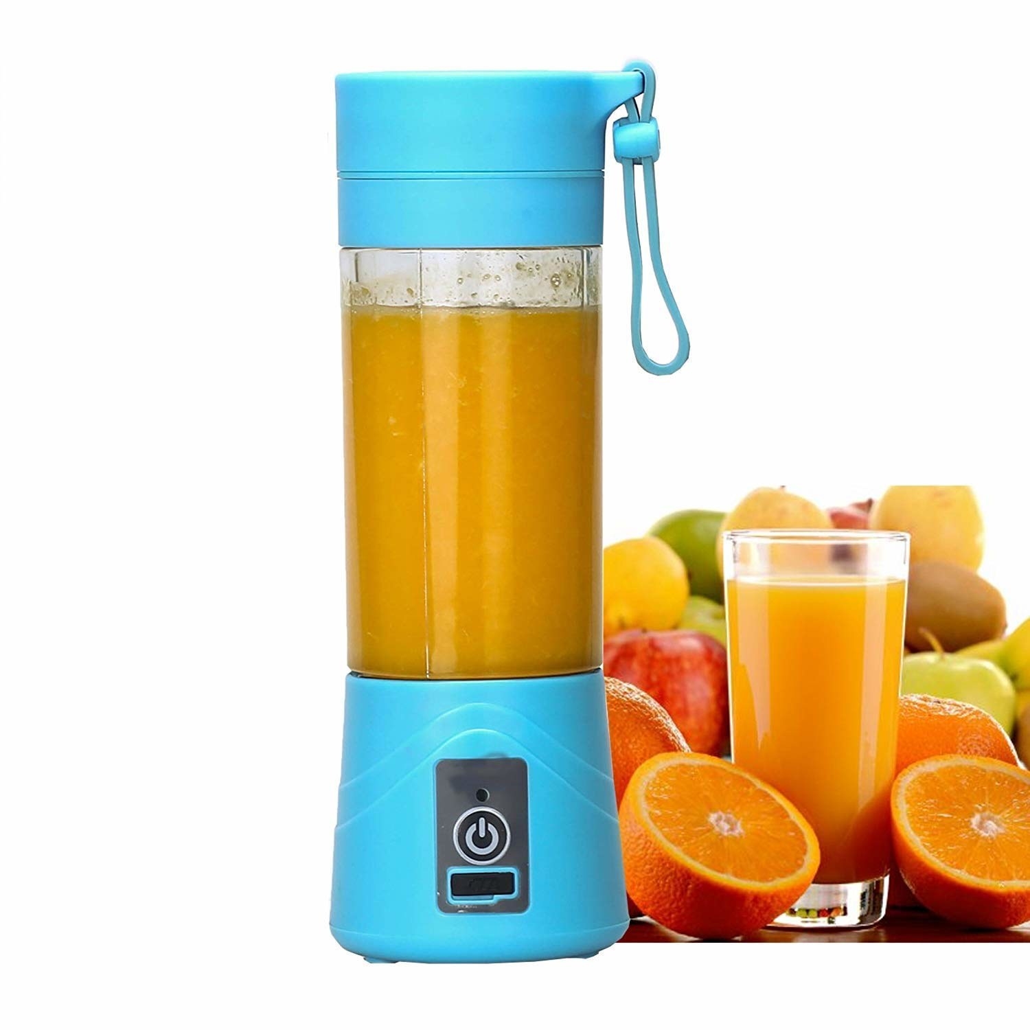 A blue GaxQuly Juicer and Blender filled with juice next to different fruits and a glass of juice