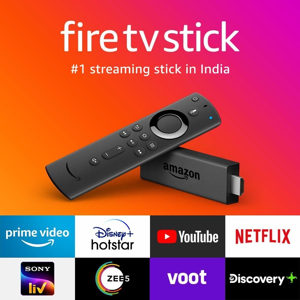 A black Amazon Fire TV Stick and remote with logos of supported streaming platforms