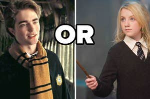 A Hufflepuff student wears a uniform on the left with one in a Ravenclaw uniform on the right and "or" written in the center