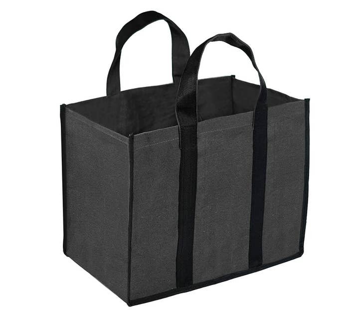 A grey and black canvas bag