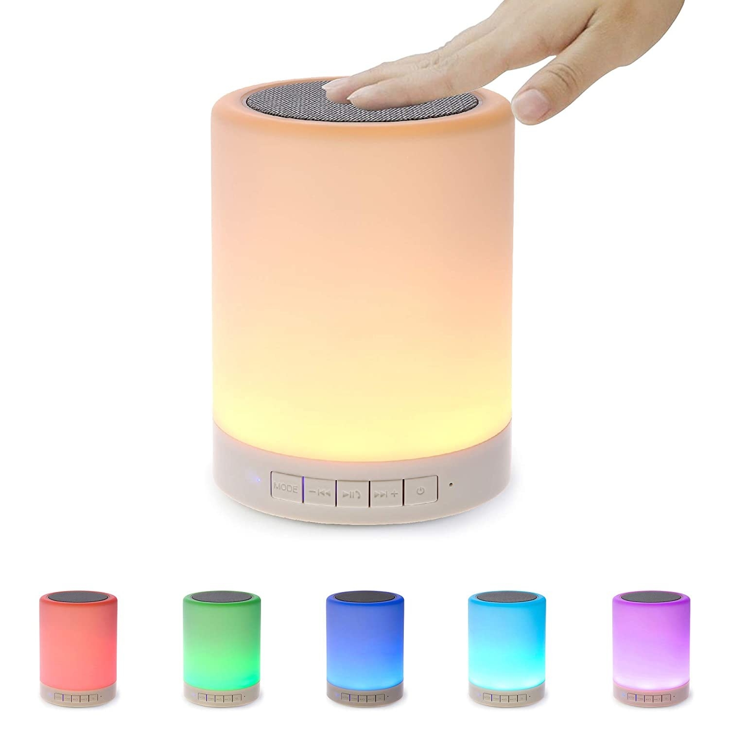 A bluetooth speaker and table lamp device being turned on, with different colour options displayed in a collage