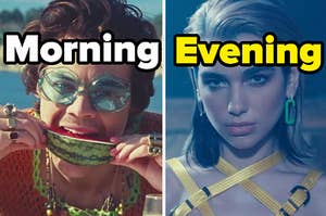 Harry Styles is on the left labeled "Morning" while Dua Lipa is on the right labeled "Evening"