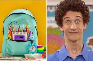 A book bag full of supplies is on the left with Screech making a funny face on the right