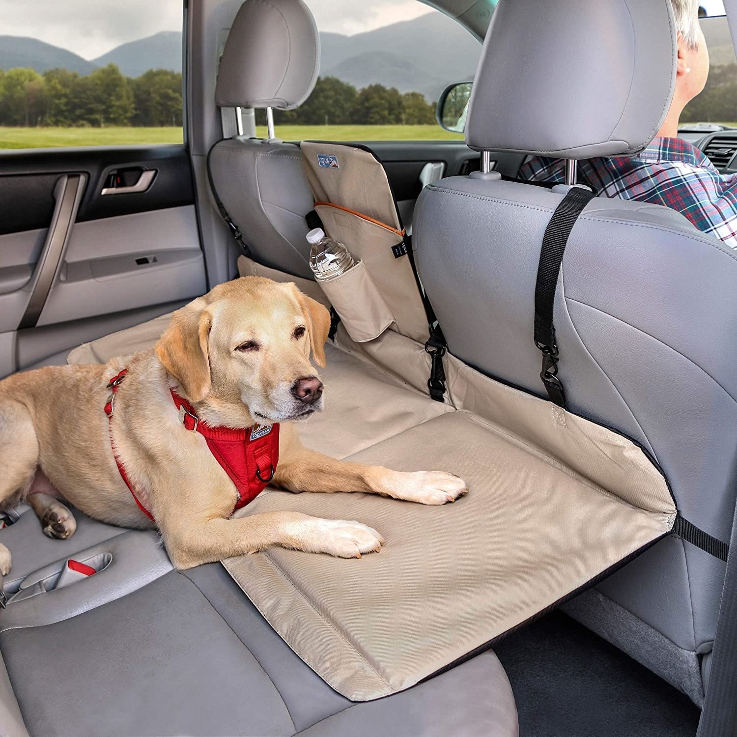 Product photo showing a dog sitting on a backseat extender in the car