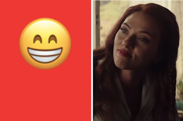 A grin face emoji is on the left with Black Widow smiling on the right