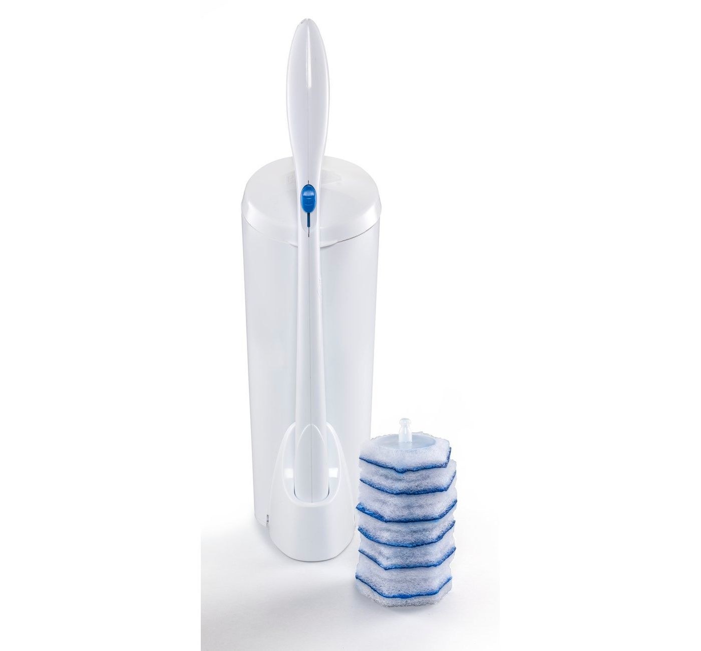 Toilet wand in holder with disposable refills