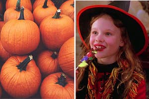 A pile of pumpkins is on the left with Dani from "Hocus Pocus" eating candy on the right