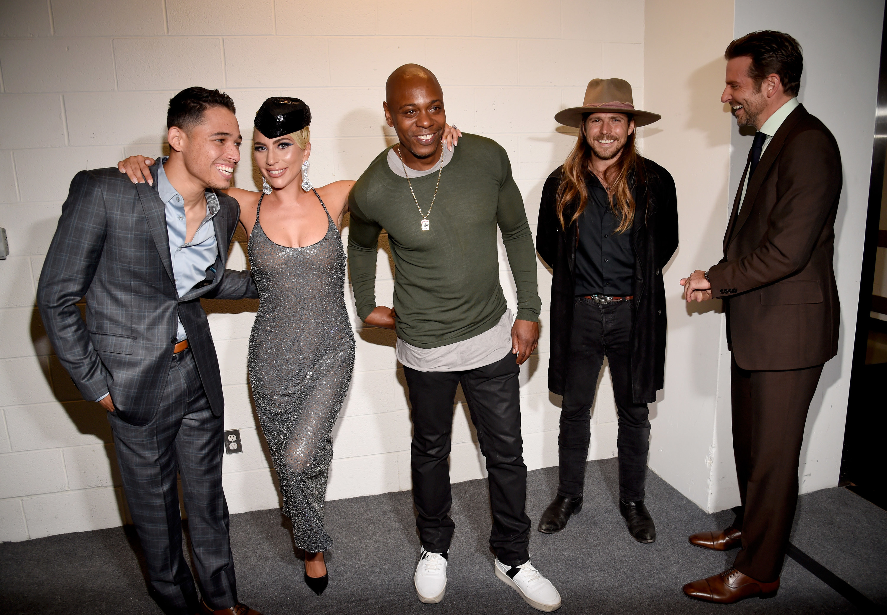  (L-R) Anthony Ramos, Lady Gaga, Dave Chappelle, Lukas Nelson and Bradley Cooper attend the &quot;A Star Is Born&quot; premiere.