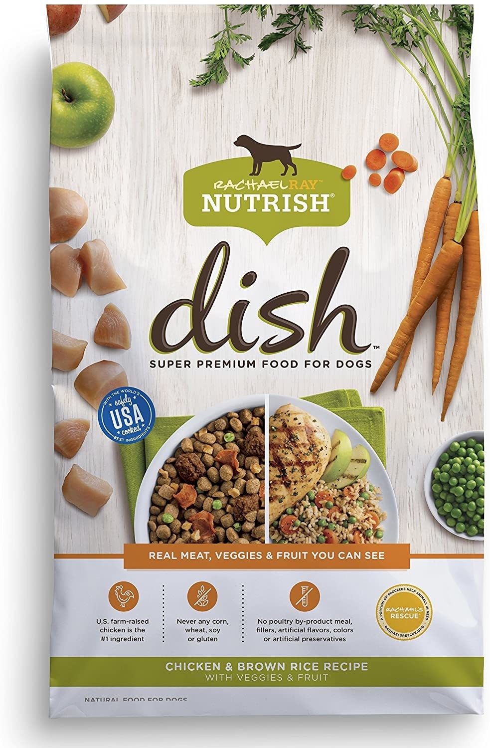 bag of rachael ray nutrish dog food with meat, veggies, and fruit