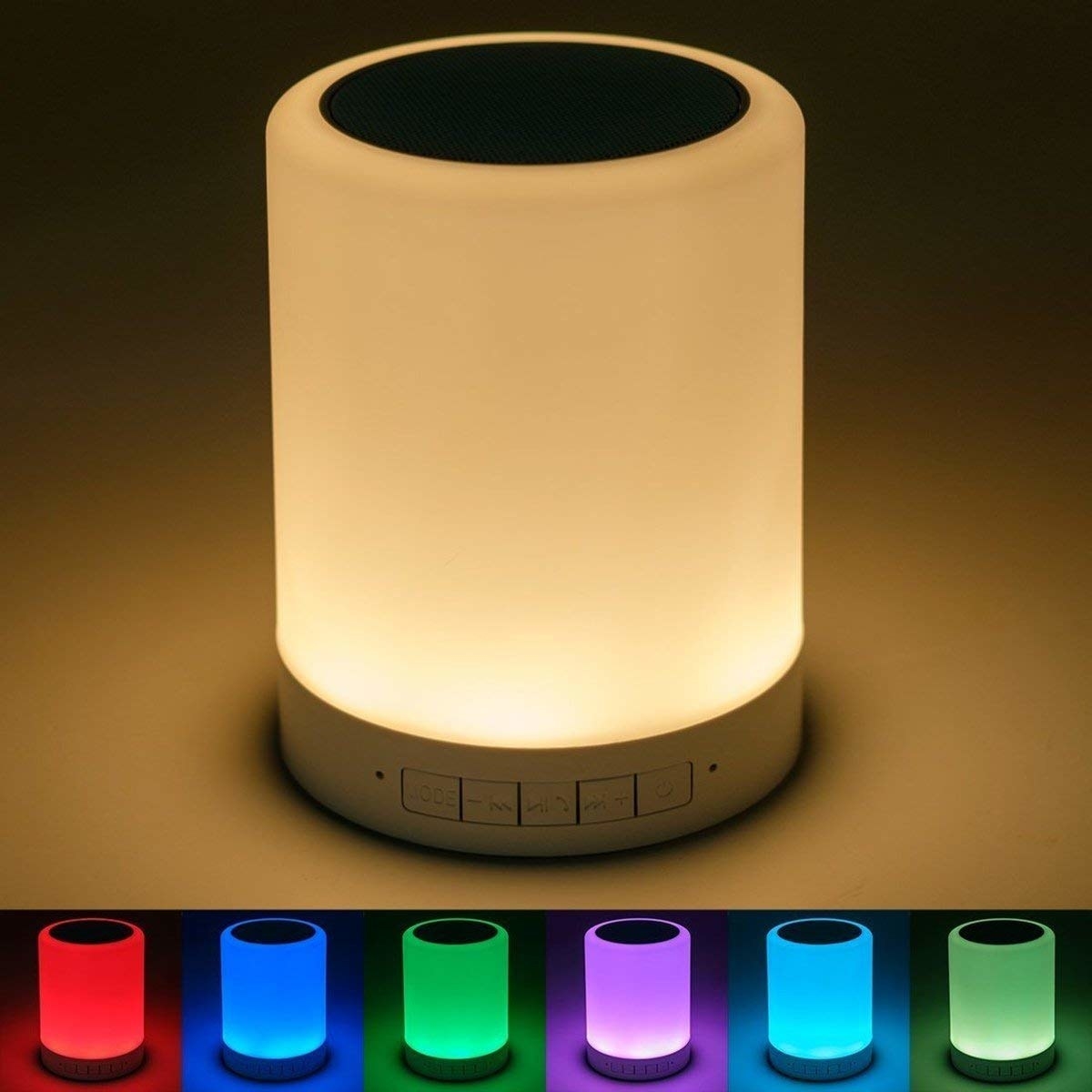 A bluetooth speaker and table lamp device, with different colour options displayed in a collage