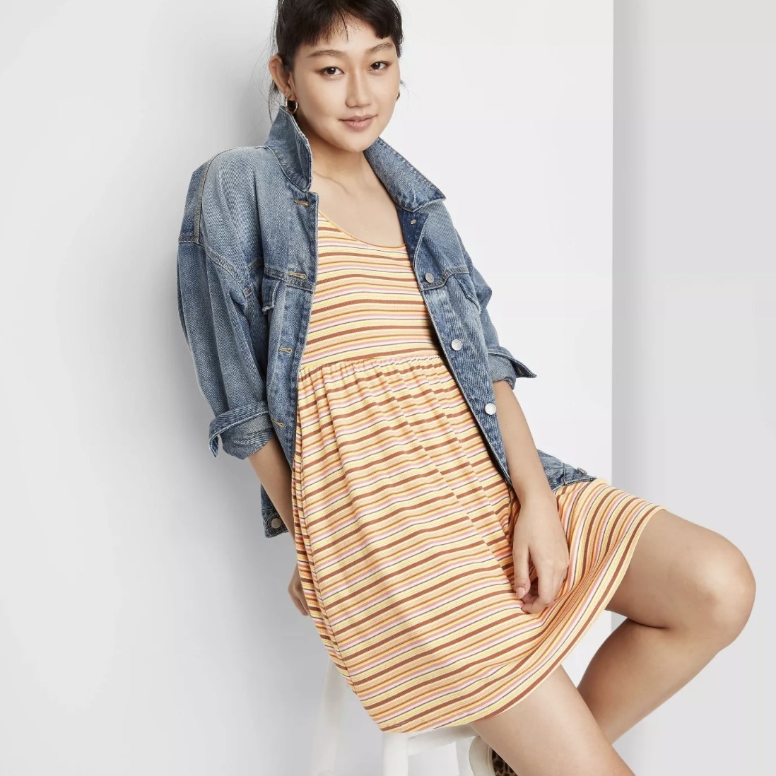 Model wearing the striped dress 