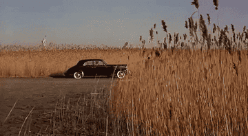 A car is parked in a wheat field with the Statue of Liberty visible in the distance