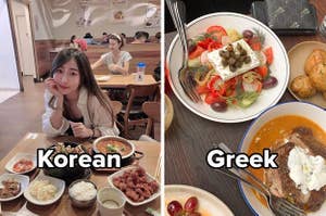Side by side image showing tables laid with different cuisines, left image shows food with a smiling woman sitting at the table captioned "Korean" right image is labelled "Greek"