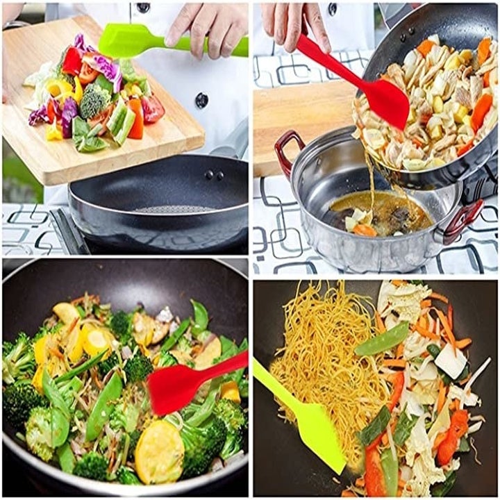 A collage of the spatulas being used to cook food