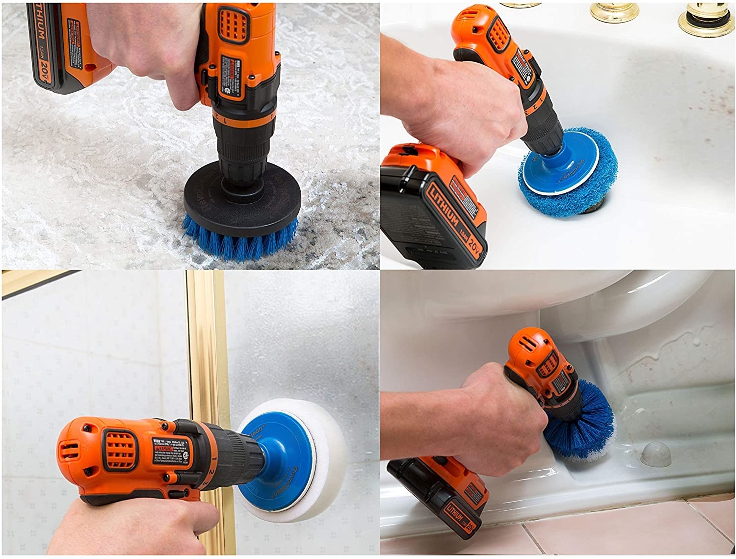 The four brush heads on drills cleaning various areas of a bathroom