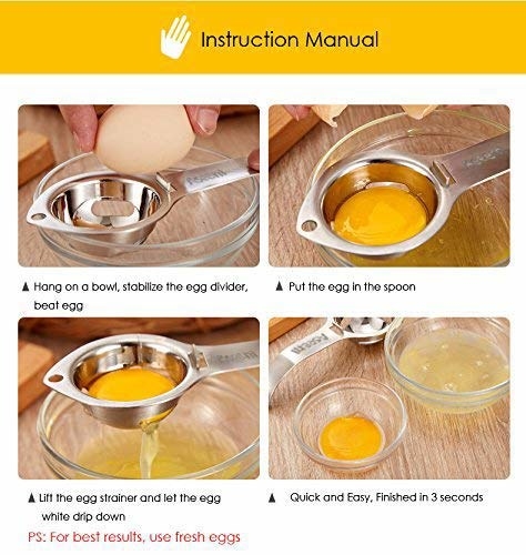 A four step guide of how the yolk separator is used while cooking