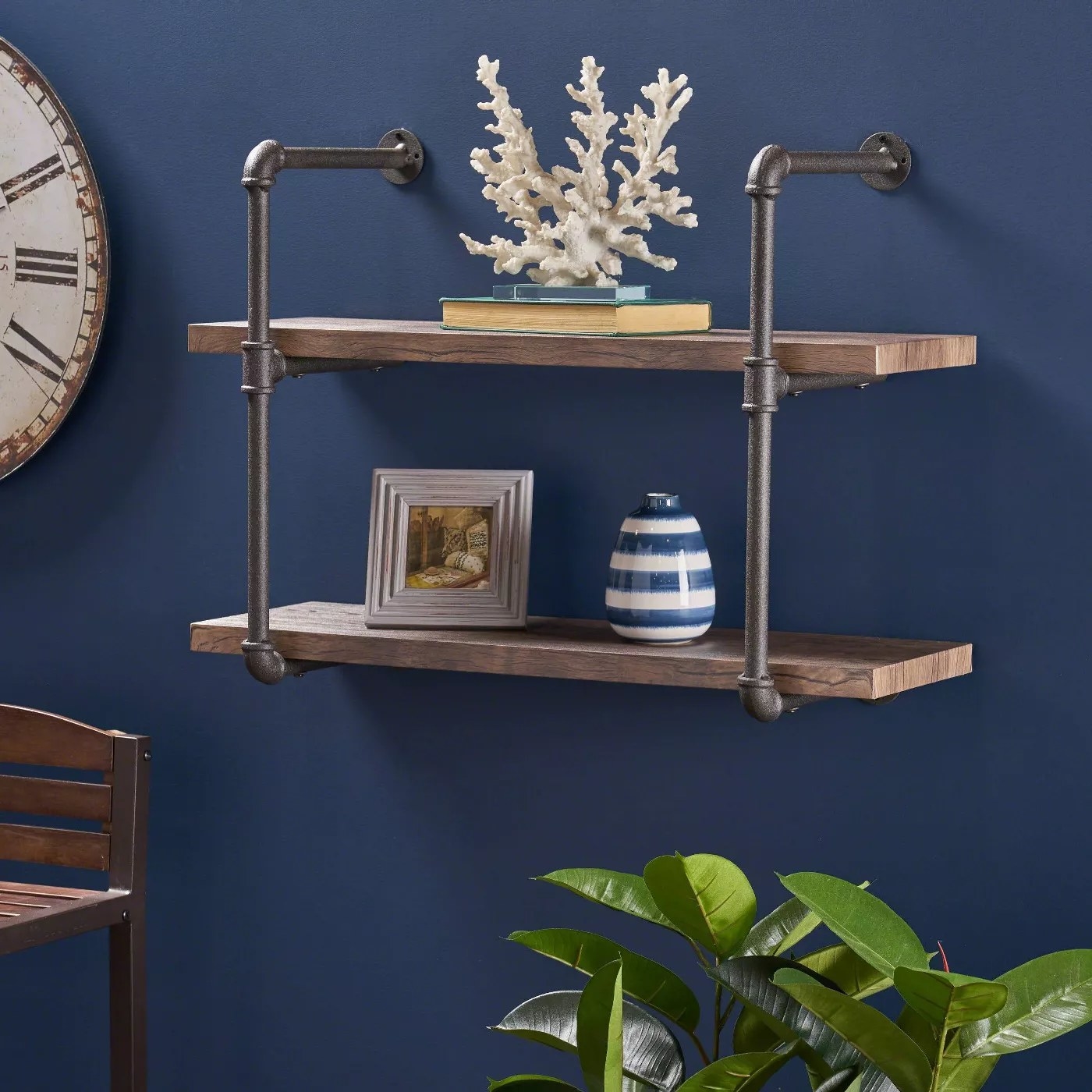 The industrial, wall-mounted shelves