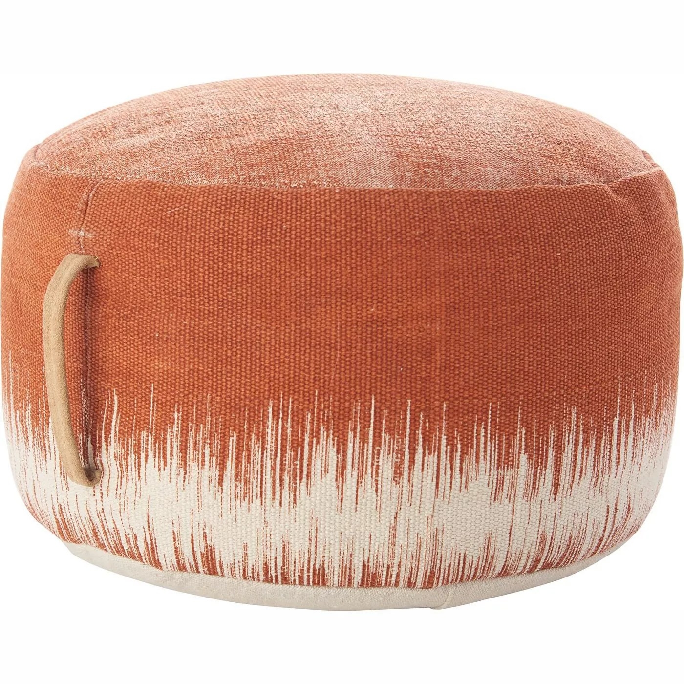 A clay-colored pouf with a white soundwave design and a handle