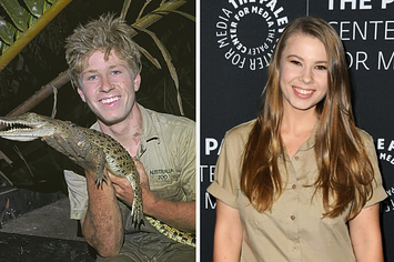 Robert Irwin holding a crocodile from a research trip and Bindi Irwin at an event