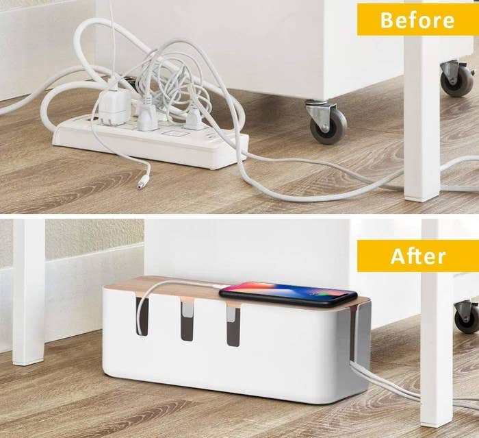 before pic of a messy cable strip then after of the box containing the same power strip but looking much neater