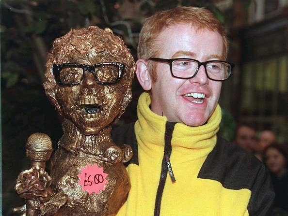 chris evans holding a gold statue of himself wearing a yellow fleece