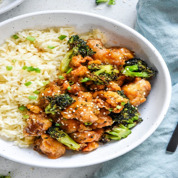 Trader Joe's Mandarin orange chicken with broccoli and rice.