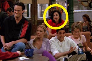 The cast of friends with a circle around Monica Geller 