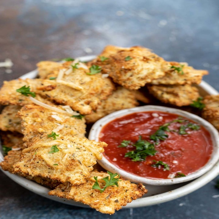 Air fried ravioli with marinara dipping sauce.