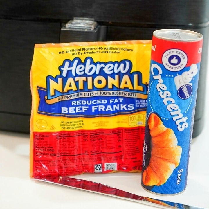 Hebrew National hot dogs and a tube of crescent roll dough.