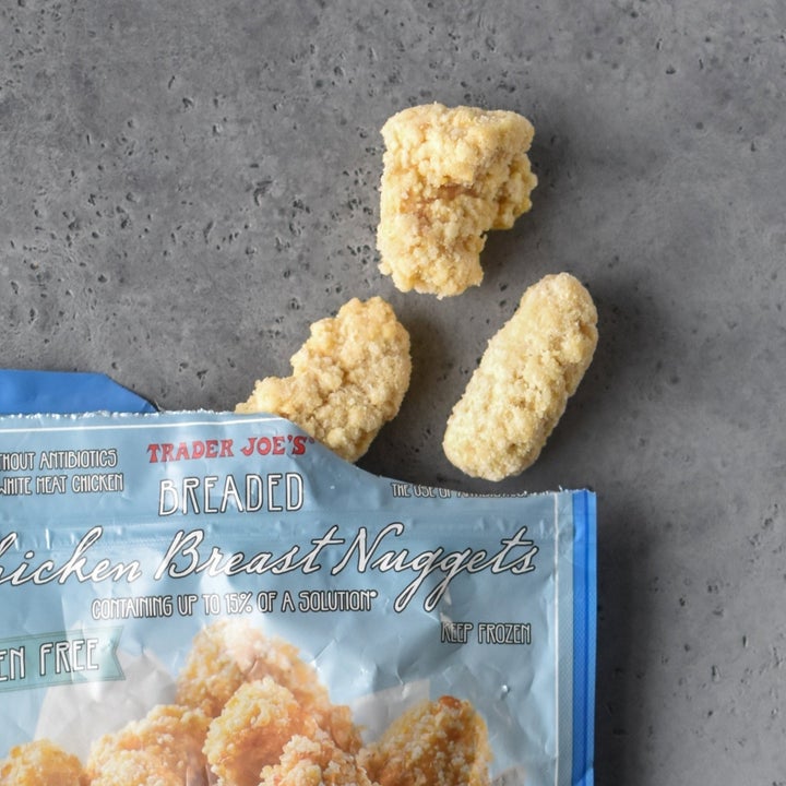 A bag of Trader Joe's breaded chicken nuggets, still frozen.