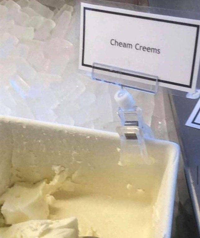 Cream cheese container reading &quot;cheam creems&quot;
