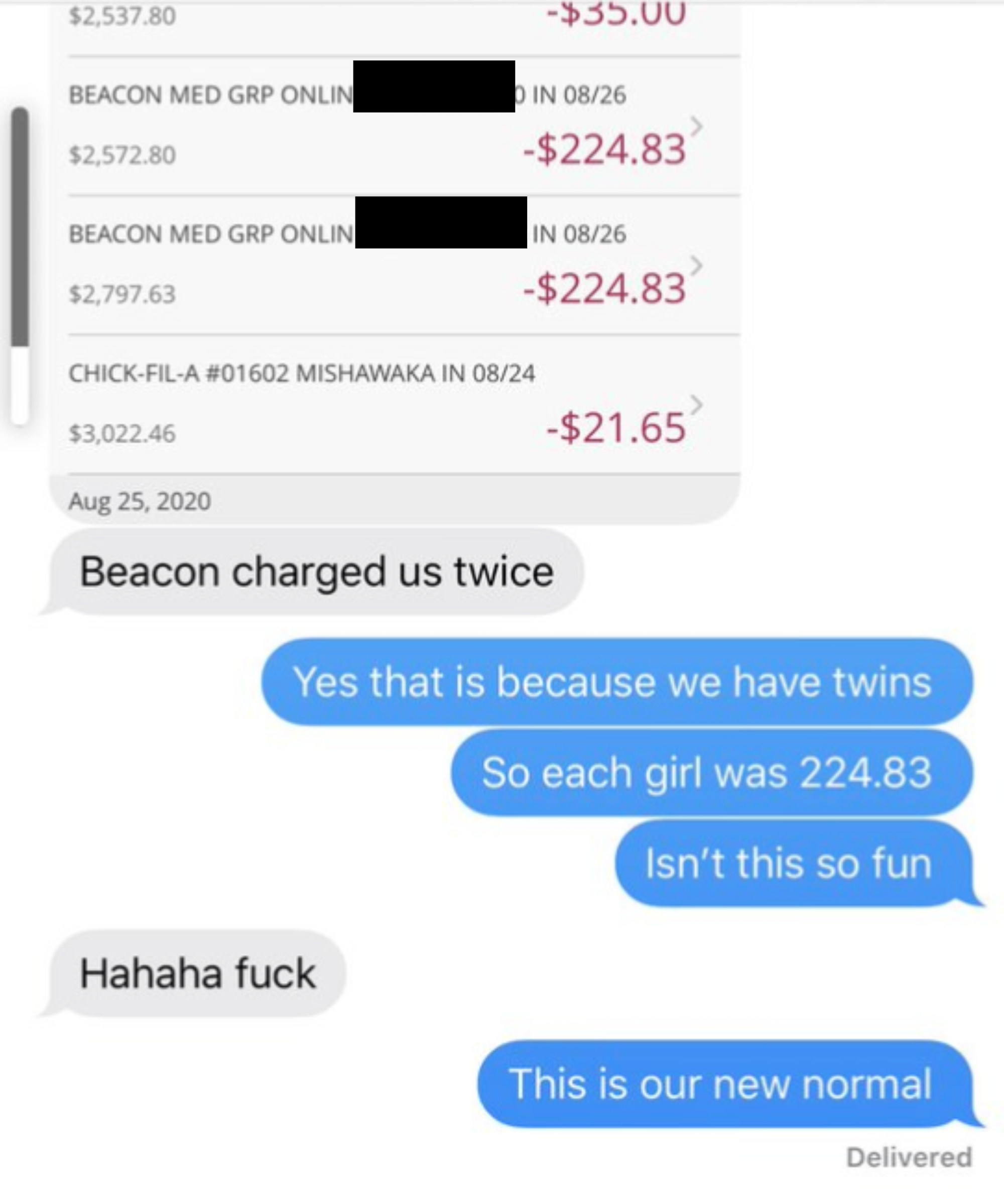 A husband texting his wife saying the doctor charged them twice, not realizing it&#x27;s because they have twins