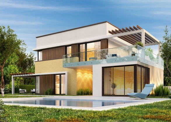 A modern style home with a huge pool