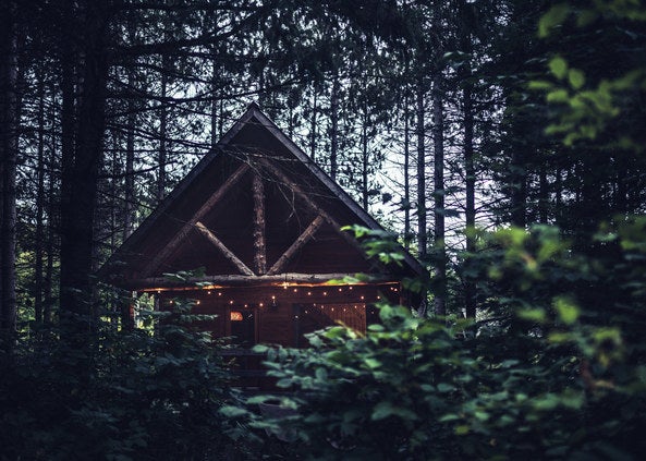 A dark cottage in the middle of a forest